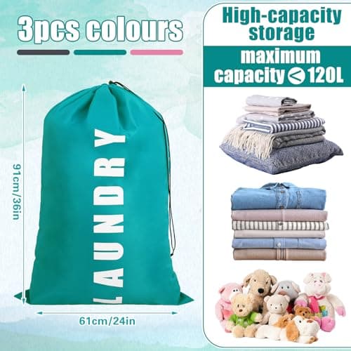 saerryor 3 Pcs Travel Laundry Bag With Drawstring For Dirty Clothes 91×61cm — view 2