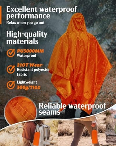 Lorrtta Adult Rain Poncho – Waterproof Reusable Hooded Poncho with Brim, Lightweight & Breathable Design for Camping, Hiking, and Travel Orange — view 3