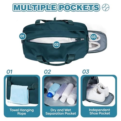 HYC00 Gym Bag Womens Mens Small Sports Duffle Bags with Shoes Compartment & Wet Pocket Weekend Travel Duffel Bags for Women Carry on Overnight Bag Hospital Holdall for Swimming Yoga, Peacock Blue — view 3