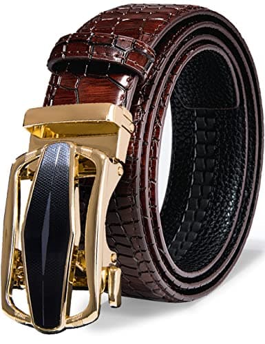 Barry.Wang Men's Belts Burgundy Ratchet Belt Crocodile Adjustable Gold Black Click 1 3/8" Dress Suit Wedding Business Prom Trim to Fit