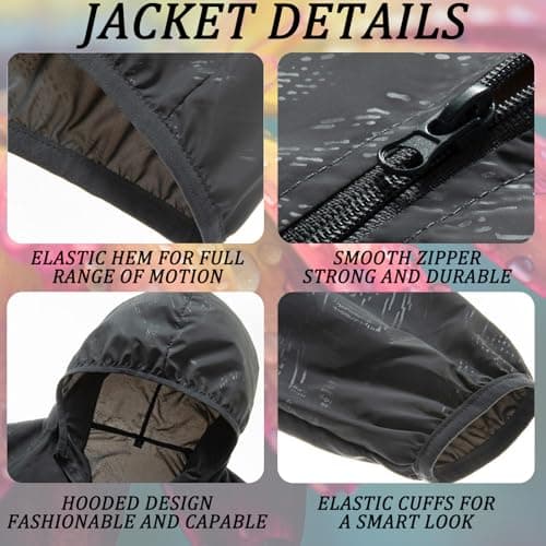 JiaYouLC Men's Packable Lightweight Waterproof Jacket No Pocket Hooded Raincoat in a Bag Sun Protection Windproof Rain Jacket (UK, Alpha, M, Regular, Regular, Black) — view 6