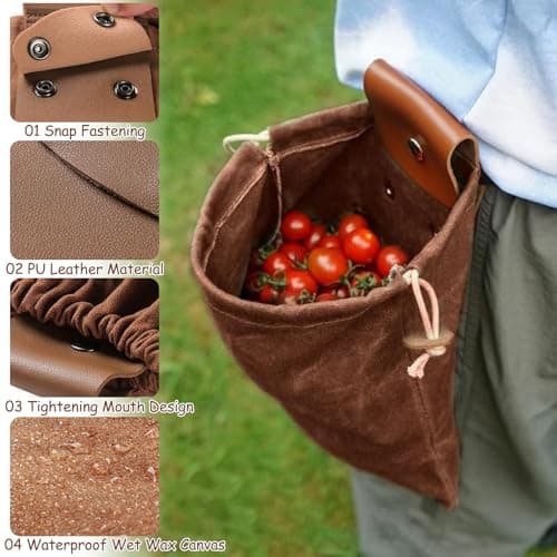 Foraging Pouch,Foraging Bag with Waxed Canvas,Folding Mushroom Storage,Water Resistant Leather Belt Pouch with Drawstring & Buckle,Collapsible Waist Bag for Outdoors Camping Travel Hiking — view 2