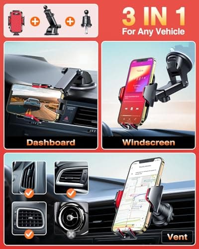 VANMASS 2026 BEST Car Phone Holder [Upgraded Suction&Clip] Military-Grade Rotatable Universal Mobile Mount for Dashboard Windscreen Vent, Van Stand Cradle for iPhone 17 16 15 Samsung,Red — view 2