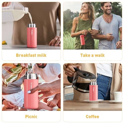 Exllena Small Flask 150ml Made of 304 Stainless Steel, Double Wall Vacuum Insulation for Hot&Cold Drinks, Mini Flask with Carry Handle - 100% Leakproof(Coral Red) — view 6