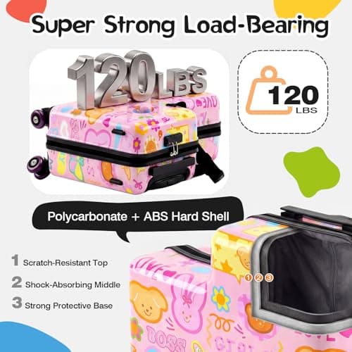 20" Ride On Luggage for Kids,Cute Pattern,Lightweight Hardshell Carry-On Luggage with Double Spinner Wheels,TSA Lock,Circular Handrail,Safety Belt,Foot Pedal,for Boys&Girls,Load Cap. 120 lbs (Pink) — view 5