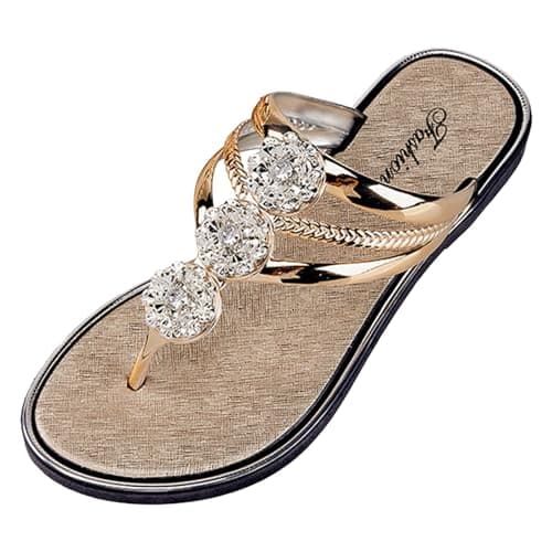 BFYSFBAIG Women's Sparkly Flip Flops with Diamante, Glitter Sandals for Women, Flat Thong Slide Mules for Summer Beach Pool Travel (Gold, Adult, Women, 6, Numeric, UK Footwear Size System, Medium)