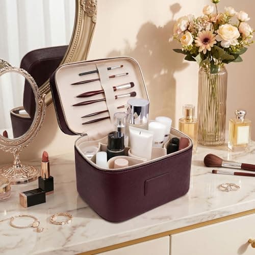 Makeup Bag,Make up Case for Women Vanity Case Leather Makeup Bags Travel Toiletry Double Layer Removable Compartment Cosmetic Organizer — view 6
