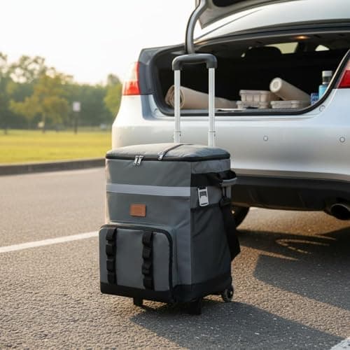 Llazsybz Outdoor Insulated Rolling Chiller Bag Portable Ice Chest Wheeled With Telescopic Handle Insulated Storage suitable for camping hiking fishing road trips family outings, Khaki — view 6