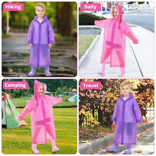 Domueay Rain Poncho Kids 2 Pack Waterproof Reusable EVA Rain Coat with Hood for Boys Lightweight Foldable Raincoat Breathable Unisex Rain Jacket for Outdoor Camping Travel, Pink and Purple — view 6