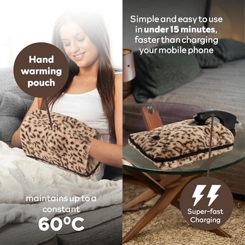 Carmen Rechargeable Hot Water Bottle, Hand Warmer, Automatic Temperature Control, Faux Fur Leopard Print – 350gsm,H x 17cm W x 24cm, C85043LPD — view 4
