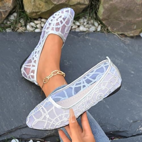 Mesh Ballet Flats for Women Pumps Orthopedic Sequins Dolly Shoes Wide Fit Round-Toe Non-Slip Breathable Summer Ladies Shoes Walking Office Holiday (Silver 6 UK/Foot Length 25cm) — view 6