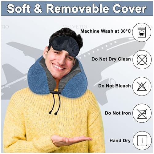 VELVETIO Memory Foam Adult Curved Travel Neck Pillow, Head Support Neck Pillow for Airplane, Soft Removeable Cover Pillow with Eye Mask, Ear Plugs & Carry Bag, Navy/Black — view 5