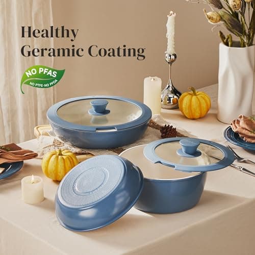 Redchef Ceramic Pots and Pans Set Non Stick, 16 pcs Nonstick Cookware Set with Detachable Handle, Non Toxic, PFAS PFOA & PTFE Free, RV Ceramic Cookware Set for Camping, Oven Safe (Blue) — view 5