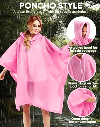 JXJIUA 2 Pack Rain Ponchos for Men/Women Waterproof Reusable Emergency Raincoats with Hoodand Drawstring -Lightweight Ponchos Pink — view 4