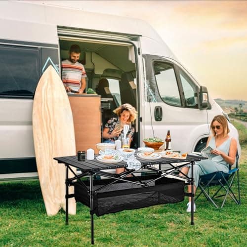 ROMIOR Foldable Camping Table, Alloy Steel Roll-up Picnic Table with Large Storage and Carrying Bag for Outdoor Picnic, Camping, BBQ, Party, Backyard, Beach (table/95x55x60cm) — view 2