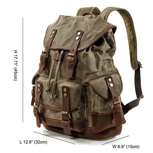 Mens Genuine Leather-Waxed Canvas Backpack Shoulder Rucksack, Vintage Mountaineering Travel Bag, Heavy Duty, Waterproof, Oversized Highly Spacious Bag for Traveling, Outdoor, Weekender — view 2