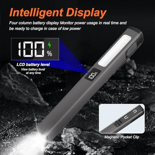 flintronic 1PC Mini Torch, USB Rechargeable Flashlight, Pocket Pen Torch Light Torches, with Pocket Clip & Digital Display, Waterproof, for Inspection, Workshop, Repair, Hiking, Grey — view 4