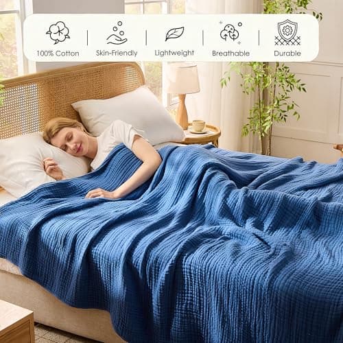 VANJOROY 100% Cotton Throw Blanket, 6-Layer Muslin Organic Soft Cozy Lightweight Large Throw for Bed Bedspread and Sofa - All Season Gauze Blanket,Blue-130x150cm — view 3