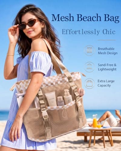 Elmklare 35L large Mesh Beach Tote Bag With Zipper for Women with 6 Pockets — view 2