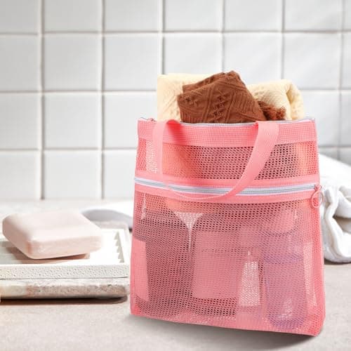 Mesh Shower Caddy, Portable Quick Dry Mesh Toiletry Tote Bag Small Hanging Wash Bag with Zipper for College Dorms, Gym, Beach, Camping, Swimming, Yoga and Travel (Pink) — view 4