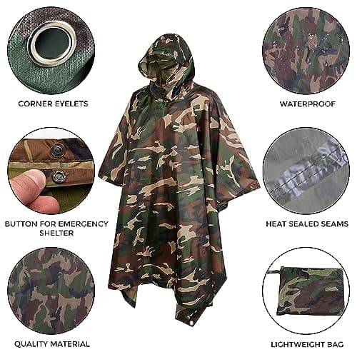 Crystals Waterproof Rain Cape Raincoat, Rain Poncho for outdoor Camping Military cycling traveling, Hooded Rainwear, Long Military Style Kagool For Men & Women with Hood, Adult – Camouflage — view 4