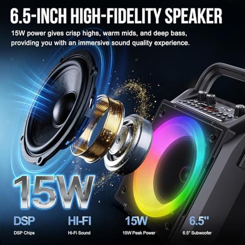 Karaoke Machine with Two Wireless Microphones, Adults&Kids Portable Karaoke Machine, Bluetooth Speaker with PA System, LED Lights, Supports TF Card/USB, AUX in, FM, USB,TWS, REC for Party, Gift(Black) — view 3