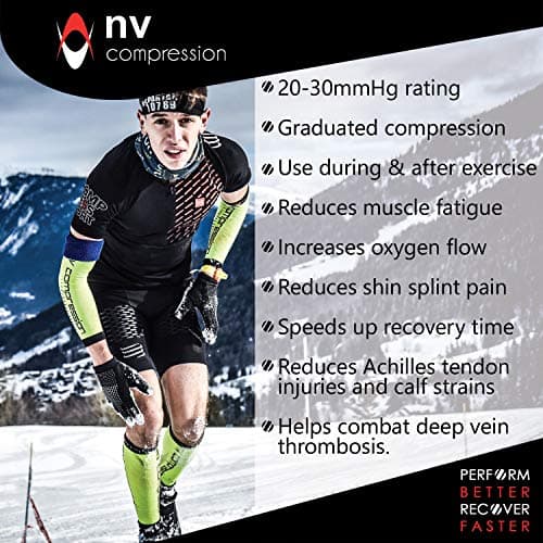 NV Compression Essential Race and Recover Calf Guards/Sleeves (PAIR) 20-30mmHg - For Sports Recovery, Shin Splints, Medical, Work, Flight - Running, Cycling, Gym (Bk/Red Chevrons, S-M) — view 6