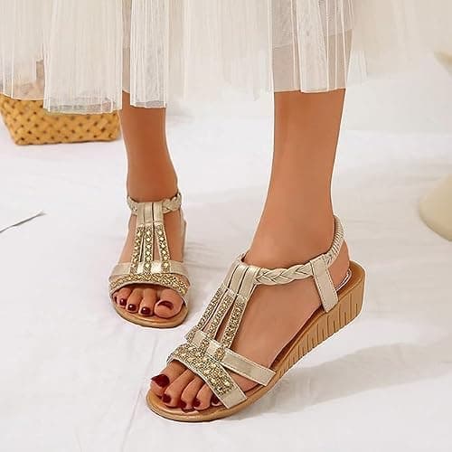 AEHAXGD Rhinestone Wedge Sandals for Women 2026 Summer Orthopedic Bohemia Sparkly T Strap Shoes Embellished Jeweled Beaded Sandals with Elastic Ankle Strap Comfy Cute Sandals for Beach Travel — view 2
