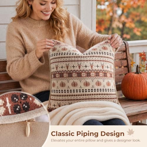Kevin Textile Cozy Cushion Covers 45x45cm Set of 1, Jacquard Knit Soft Cushion Case with Wool Blend, Pumpkin & Moose Pattern for Halloween Christmas Fall Rustic Home Decor, Rust — view 2