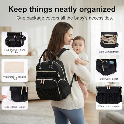 shaojian Baby Changing Bag Backpack, Quilted Waterproof Nappy Bag with Insulated Bottle Pockets & Pram Straps, Large Nappy Backpack with Portable Changing Mat for Travel & Walking(Black) — view 4