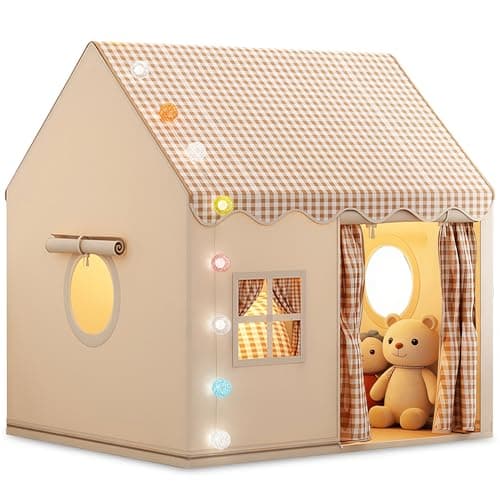 FREEAMG Kids Play Tent with Multi-Coloured Ball Lights & Storage Bag Khaki