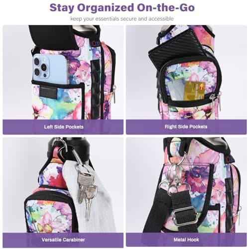 icolor Gym Magnetic Bag Water Bottle Carrier Holder with Strap & Phone Pockets, Diameter 3.9" Magnetic Gym Bag 5 Built-in Magnets Gym Accessories Organizer Pouch Sling Sleeve (Neoprene, Color-Flower) — view 4