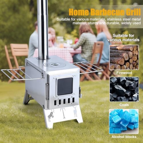 Hot Tent Stove with 5 Pipes Accessories, Wood Burning Camping Stove, Visible Window Side Panels Heating Cooking Wood Burner Stoves for Picnic Fishing Hiking (Silver) — view 3