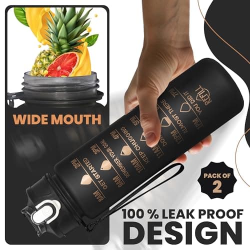 AQUA HOMIE Pack of 2 Water Bottle with Straw 750ml – Leakproof BPA Free Sports Water Bottle for Gym, School & Travel – Motivational Drinking Bottle with Time Markings for Kids & Adults (Black, 750ml) — view 3