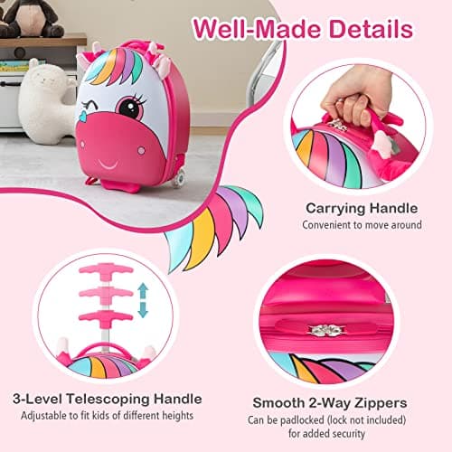 GYMAX Kids Luggage, 16" Children Hand Trolley Case with LED Wheels, Boys Girls Carry On Suitcase for Travel School (Pink) — view 3