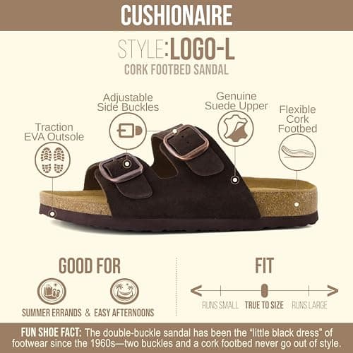 CUSHIONAIRE Logo 100% Genuine Leather Suede Slides for Women, Cushioned Cork Footbed Womens Sandals with Adjustable Buckles and Memory Foam, Chocolate, 6 — view 4
