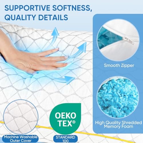 Pillows 2 Pack, Shredded Memory Foam Pillows, Adjustable & Cooling, 72x47cm — view 4