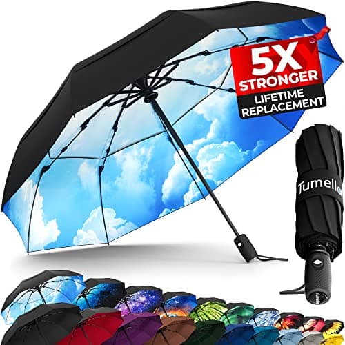 TUMELLA Strongest Windproof Travel Umbrella (Compact, Superior & Beautiful), Small Strong but Light Portable and Automatic Folding Rain Umbrella, Durable Premium Grip, Fits Car & Backpack Blue