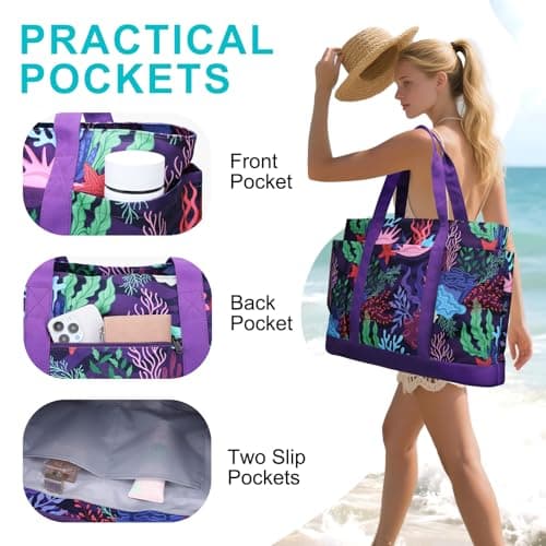VASCHY Large Beach Bag with Zip, 30L Oversized Utility Travel Tote Bags for Women Waterproof Sandproof Summer Bag with Wet bag Foldable Handbag for Holiday Pool Gym Shopping Purple Coral — view 6