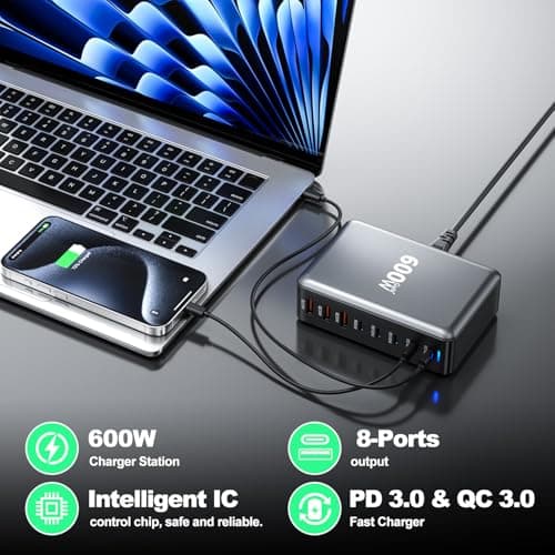 USB C Charging Station 600W GaN, 8-port Multiple ports USB C Fast Charger Hub with 5 USB-C + 3 USB-A, PD140W power supply Multi Charger compatible with laptop/MacBook/iPhone 15/16/Galaxy S24/S25 — view 5