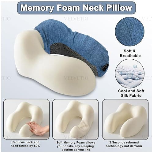 VELVETIO Memory Foam Adult Curved Travel Neck Pillow, Head Support Neck Pillow for Airplane, Soft Removeable Cover Pillow with Eye Mask, Ear Plugs & Carry Bag, Navy/Black — view 3
