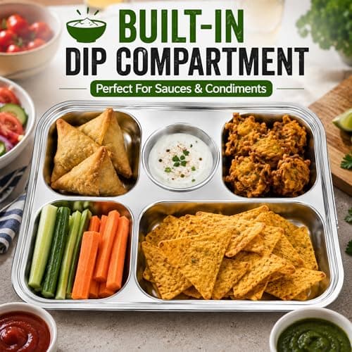 BMLIMITED BML Stainless Steel 5 Compartment Meal Tray Reusable Divided Plate with Sauce Section Portion Control Food Serving Tray for Adults Kids School Lunch Camping Picnic and Home Use — view 5