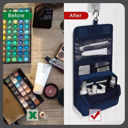 Travel Cosmetic Bag, Hanging Cosmetic Bag for Women, Personal Toiletries Organizer, Travel Bathroom Accessories Organizer with Hooks, Navy Blue — view 5