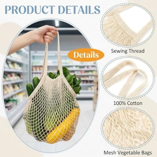 2 Pcs Mesh Bags,String Bag,Reusable Mesh Produce Bags,Organic Grocery Cotton Shopping Bag,Fruit Net Bag,Washable Drawstring Net and Beach Mesh-Bags for Storing Garden Bulbs,Fruits Vegetables — view 3
