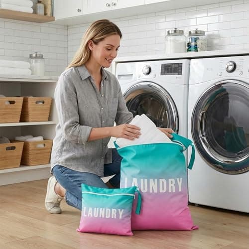 2 Pcs Travel Laundry Bags (Large 55x45cm & Small 40x31cm) - Waterproof Washing Bags for Laundry with Double Zippers, Dirty Clothes Bags with Handle for Travel, Gym, Camping (Gradient Blue) — view 4