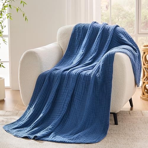 VANJOROY 100% Cotton Throw Blanket, 6-Layer Muslin Organic Soft Cozy Lightweight Large Throw for Bed Bedspread and Sofa - All Season Gauze Blanket,Blue-130x150cm