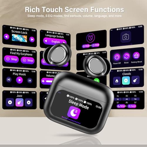 Wireless Earbuds with Smart Touch Screen, Bluetooth 5.4 Sleep Earbuds In Ear with ENC Noise Cancelling Mic, 48H Sleep Headphones with 5 EQ Modes, HiFi Stereo IP7 Waterproof Mini Ear Buds, Black — view 3