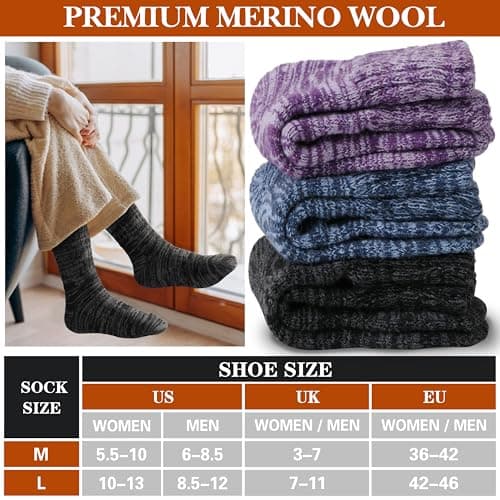 Sandsuced Merino Wool Thermal Boot Socks for Women Men Winter Warm Cosy Thick Hiking Walking Socks 3 Pairs Christmas Stocking Fillers (Assoretd A,M) — view 5