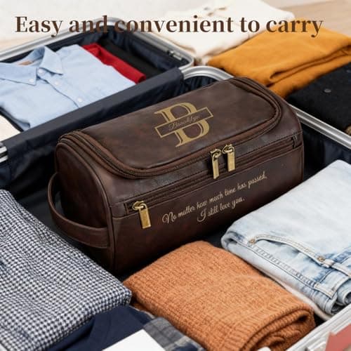 Personalised Men Toiletry Bag, Custom Engraved Travel Dopp Kit with Name Initials, Valentines Gift, Groomsmen & Best Man Gift, Father's Day, Wedding, Birthday Present for Husband, Light Brown — view 5