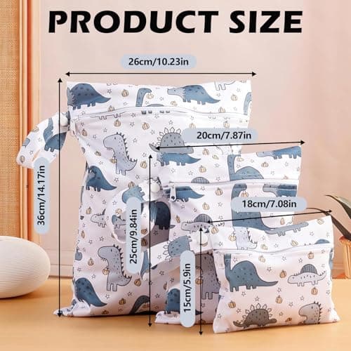 ZKFSIE 3 Pcs Reusable Waterproof Wet Bags, Nappy Bag Organiser, Wet Dry Bag, Dinosaur, Rainbow & Bear Patterns for Swim, Travel, Camping Beach Gym Organiser — view 2